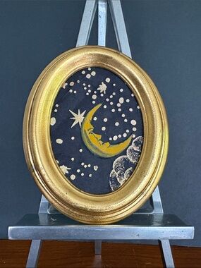 Vintage-Inspired Crescent Moon Mini Art in Gold Frame- Hand painted Whimsigoth